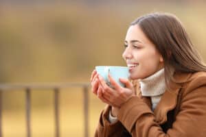 Young woman outside with beuatiful skin.