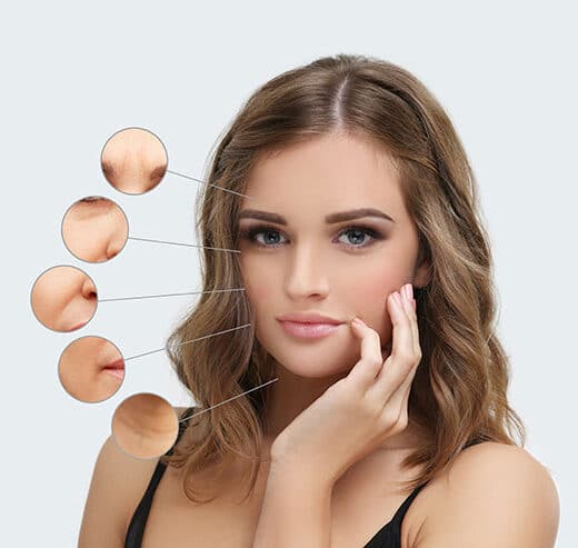 young woman with facial aging diagram